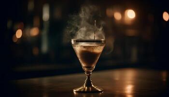 A fiery whiskey cocktail illuminates the elegant bar counter generated by AI photo