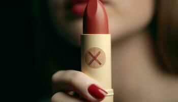 Beautiful woman applies lipstick with precision, showcasing her sensuality generated by AI photo