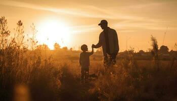 un contento familia abraza en el atardecer, disfrutando naturaleza belleza generado por ai foto