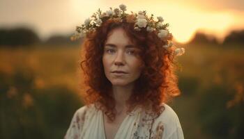 A young woman smiles, looking at flowers in a meadow generated by AI photo