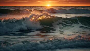 Tranquil scene at waters edge, breaking wave pattern over rock generated by AI photo