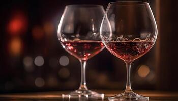 un lujoso celebracion con rojo vino torrencial dentro cristal lentes generado por ai foto