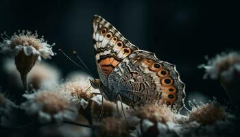 The spotted butterfly vibrant wings pollinate a single flower generated by AI photo