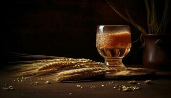 dorado trigo y cebada elaborada dentro refrescante cerveza en rústico bar generado por ai foto