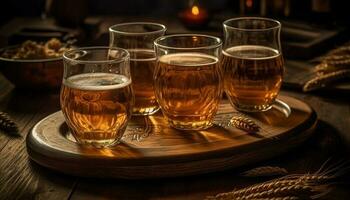 A frothy pint of dark stout on a rustic wooden table generated by AI photo