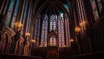 dentro el gótico catedral, manchado vaso ilumina el majestuoso altar generado por ai foto