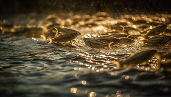 A school of fish swims in the tranquil sea at dusk generated by AI photo