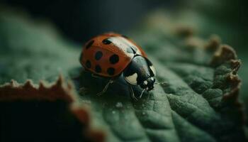 Spotted ladybug crawling on wet leaf, beauty in nature rain generated by AI photo