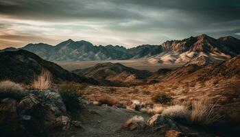 Majestic mountain range, tranquil meadow, panoramic beauty in nature generated by AI photo