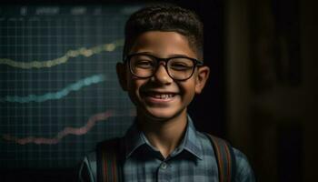 Cute schoolboy with eyeglasses smiling confidently for studio portrait generated by AI photo
