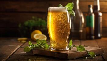 A refreshing pint of beer with a lime slice garnish generated by AI photo