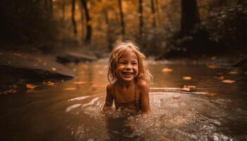 One cute girl smiling, playing in water, enjoying carefree childhood generated by AI photo