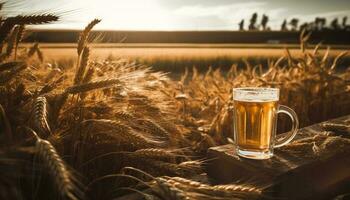 A frothy drink of golden beer on a rustic table generated by AI photo