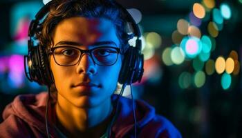 Confident young man enjoys nightlife with headphones in illuminated city generated by AI photo