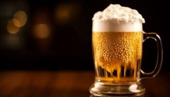 A frothy beer glass, full of golden liquid and freshness generated by AI photo