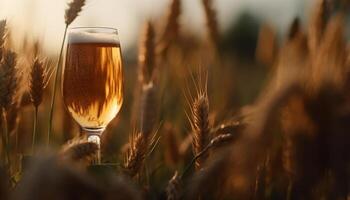 A frothy drink in a beer glass, celebrating summer sunset generated by AI photo