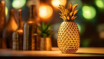 Fresh pineapple cocktail on wooden table with tropical flower arrangement generated by AI photo