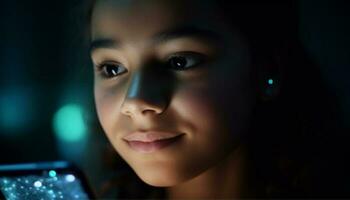 Cute child smiling, illuminated by blue light, enjoying technology indoors generated by AI photo