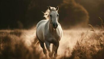 The majestic stallion runs free in the tranquil meadow generated by AI photo