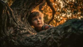 un linda caucásico chico jugando al aire libre, ocultación detrás un árbol generado por ai foto