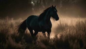 A majestic stallion runs free in the tranquil meadow generated by AI photo