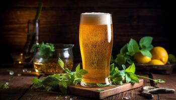 A frothy pint of cold beer on a rustic wooden table generated by AI photo