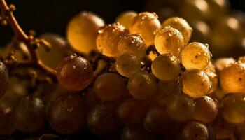 Ripe grape bunches hang on wet branches in autumn vineyard generated by AI photo