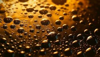 Raindrop on glass, reflecting metallic backdrop, refreshing yellow drink generated by AI photo