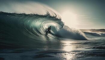 surf hombres paseo tubería ola, pulverización líquido en temor inspirador belleza generado por ai foto