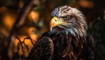 Majestic bald eagle perching on branch, looking at camera generated by AI photo