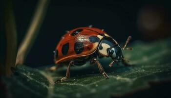 Spotted ladybug crawls on fresh green leaf in nature generated by AI photo