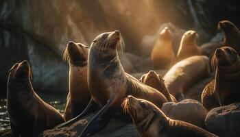 un juguetón colonia de mar leones descanso en el línea costera generado por ai foto