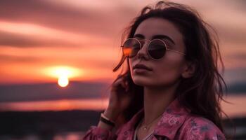 One young woman, smiling, enjoying dusk, beauty in nature generated by AI photo