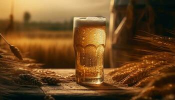 un espumoso bebida en un cerveza vaso en un rústico mesa generado por ai foto