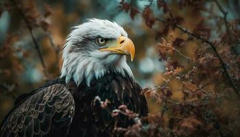 el majestuoso pájaro de presa perchas en un rama al aire libre generado por ai foto