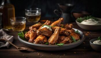 Grilled chicken wings on rustic plate, with spicy homemade dip generated by AI photo