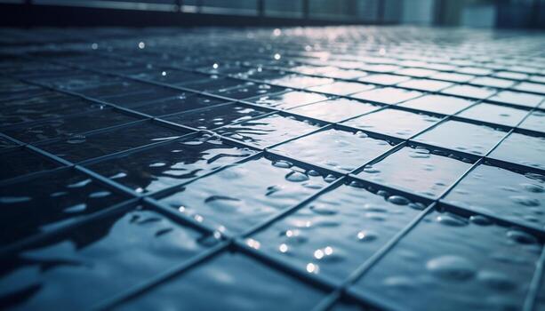 Raindrop on guitar strings creates abstract reflection in wet flooring generated by AI photo