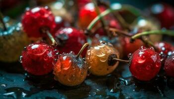 Ripe berry fruits splashing on dark chocolate for indulgence generated by AI photo