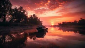 Tranquil sunrise reflects on nautical vessel in tropical seascape beauty generated by AI photo