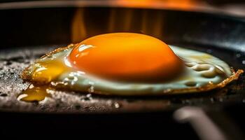 frito huevo chisporrotea en caliente cacerola, un sano desayuno comida generado por ai foto