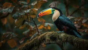 Vibrant macaw perching on branch in tropical rainforest paradise generated by AI photo