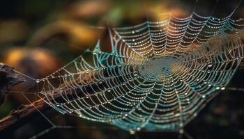 Spider weaves abstract trap, dew drops on wet netting generated by AI photo