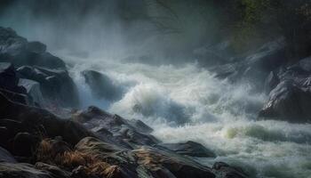 The crashing wave on the rocky coastline is dangerous beauty generated by AI photo