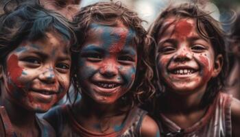 un despreocupado verano fiesta con juguetón niños cubierto en pintar generado por ai foto