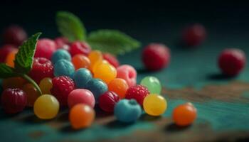 indulgente gastrónomo postre con multi de colores caramelo y Fresco bayas generado por ai foto