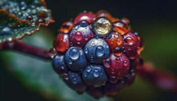 Shiny dew drops on ripe raspberry, a macro gourmet delight generated by AI photo