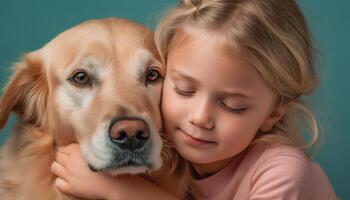 A cheerful girl embracing her playful puppy, pure joy together generated by AI photo