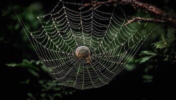 Spooky spider spins intricate web, capturing dew drops in autumn forest generated by AI photo