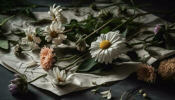 A rustic table decoration with a chamomile bouquet, organic material generated by AI photo