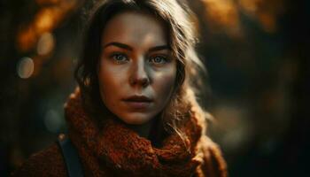 confidente joven mujer en calentar invierno vestir sonrisas en bosque generado por ai foto
